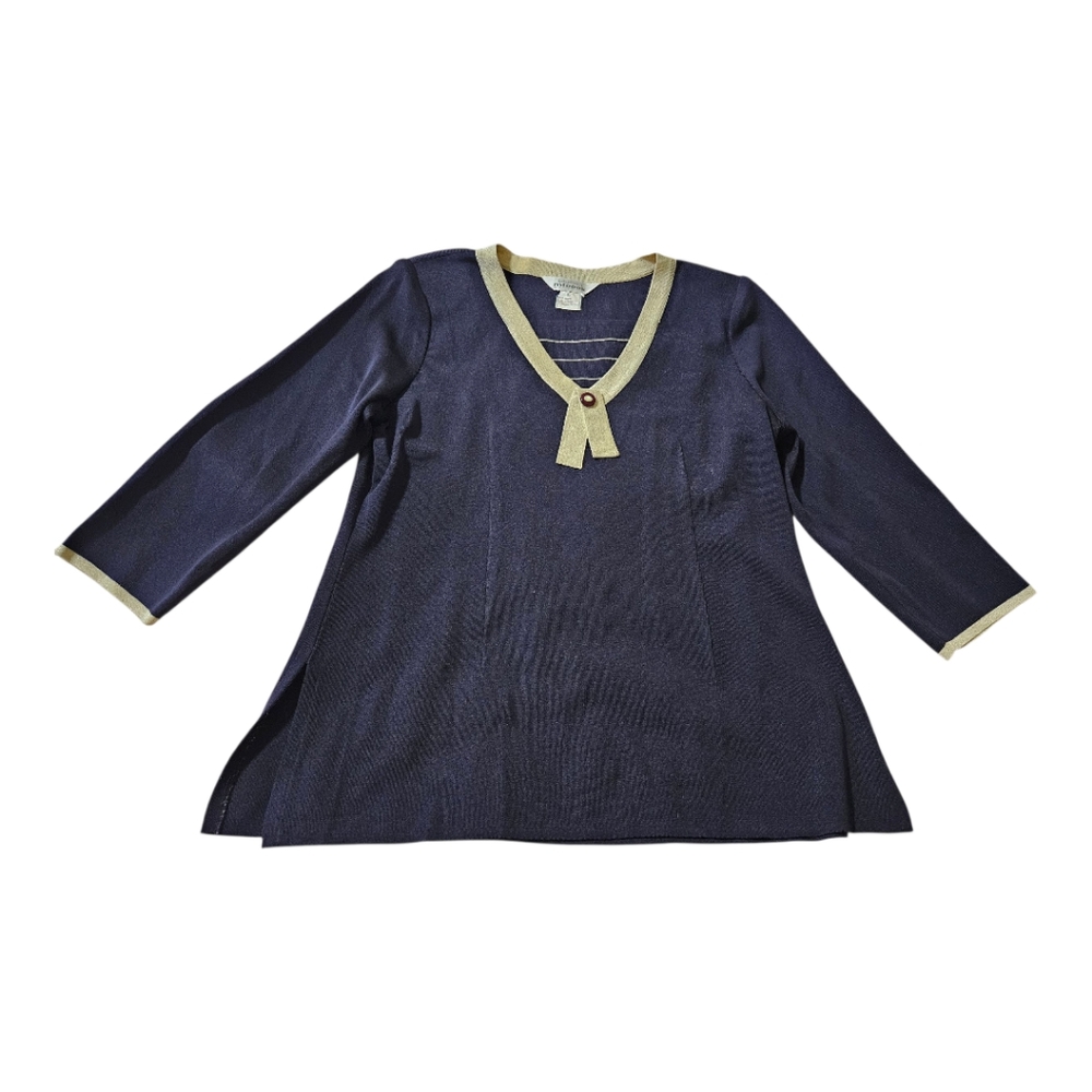 Vintage Exclusively Misook Navy Tunic Blouse Size Large Acrylic Shoulder Pads